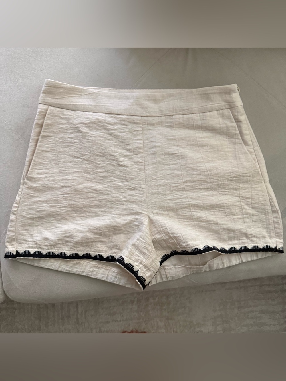 Zara Cream High-Waist Shorts with Black Hem Detail